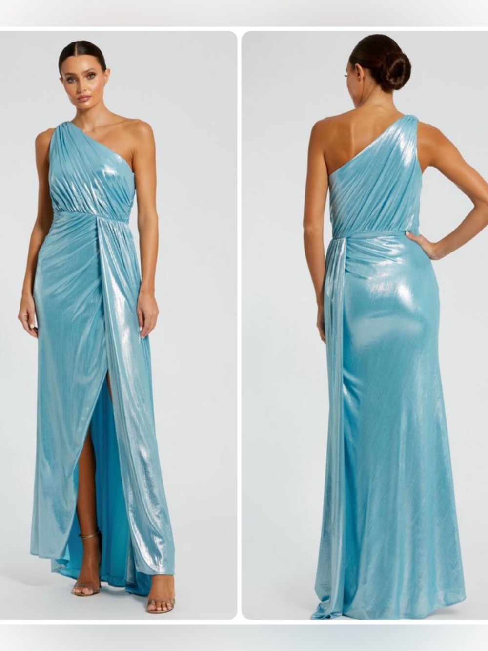 IEENA for MAC DUGGAL One-Shoulder Shimmery Blue Maxi Gown Dress 26537 NWT $398